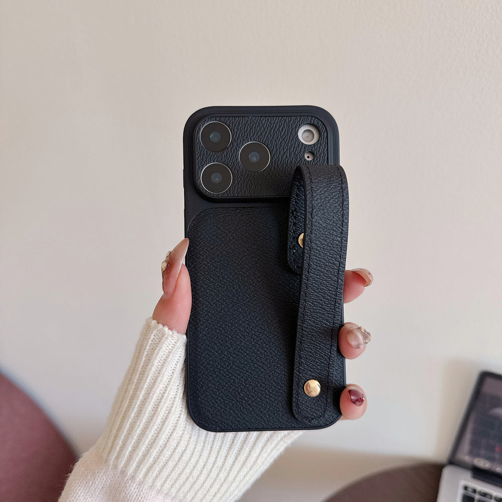 Suitable for apple 16promax to turn into 17 small v pattern plain leather wristband mobile phone case iphone17pro anti-fall case 14