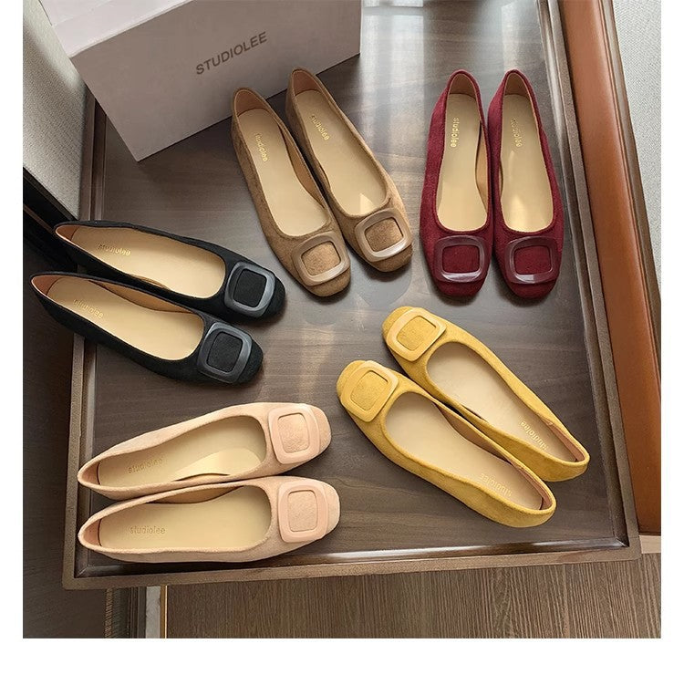 Black french square buckle flatsflatsflats round toe slip-on hidden heel suede work clothing women's shoes low heel casual