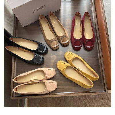 Black french square buckle flatsflatsflats round toe slip-on hidden heel suede work clothing women's shoes low heel casual