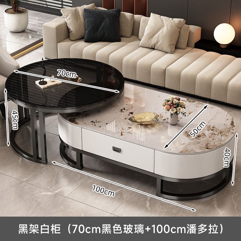 Italian light luxury oval glass coffee table living room home tea table high-end marble combination coffee table set