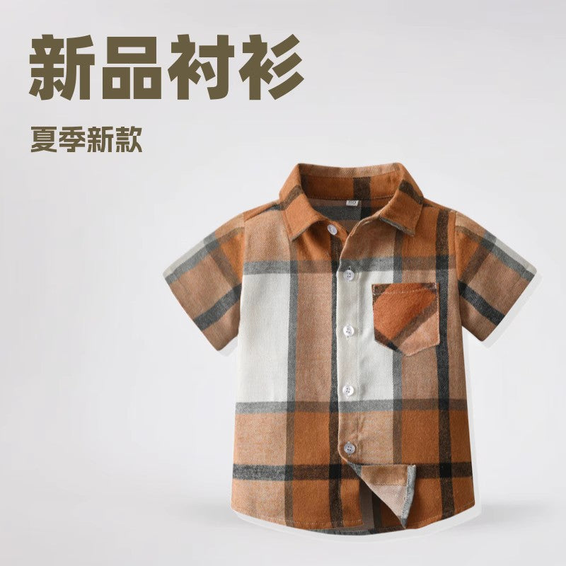 New summer collection: kids' shirts - preppy style short-sleeve plaid shirt - children's clothing short-sleeve boy's shirt