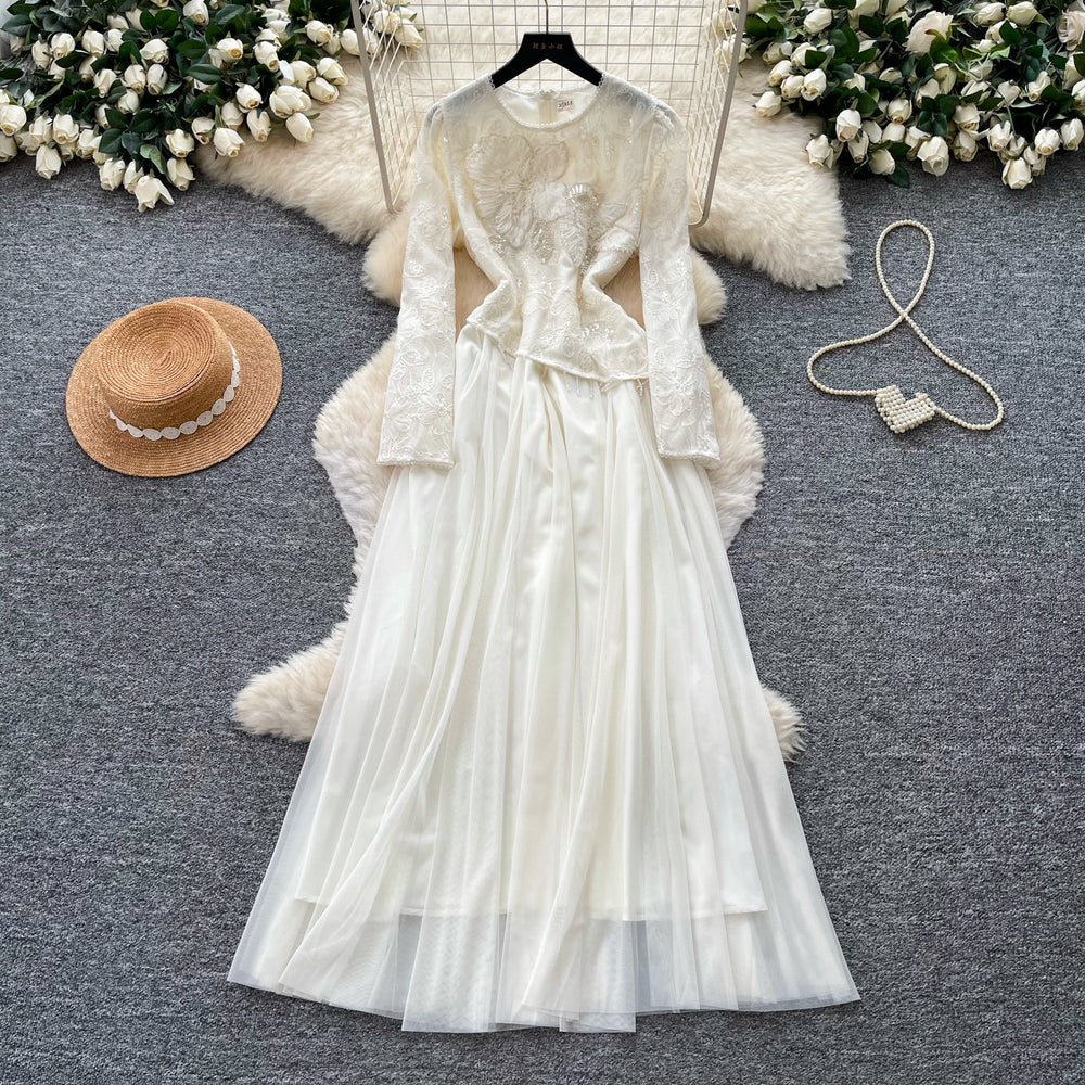 French chic long sleeve lace and mesh patchwork dress - high waist, slimming, elegant, and flowy maxi dress