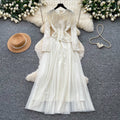 French chic long sleeve lace and mesh patchwork dress - high waist, slimming, elegant, and flowy maxi dress