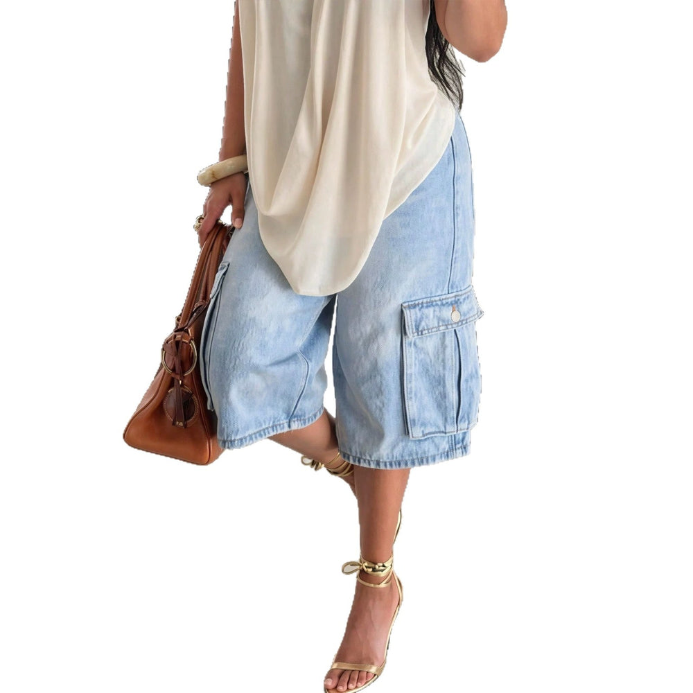 European and american style women's light blue pocket cargo wide-leg cropped jeans - drapey, commute-friendly, vacation-ready, trendy denim