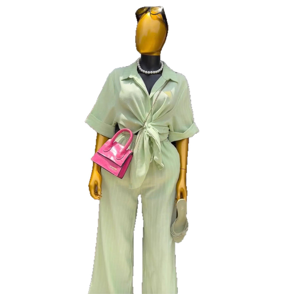 European and american cross-border women's fashion:  summer new arrival - stylish turn-down collar striped loose-fit short-sleeve shirt and high-waisted pants set