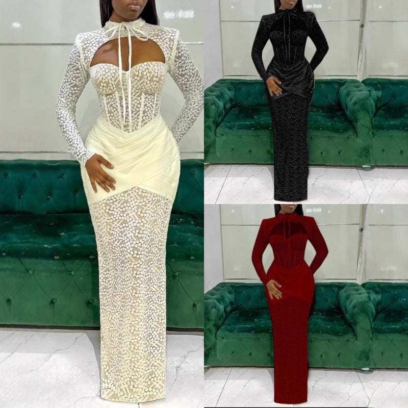 European and American new semi-turtleneck lace-up splicing low-cut sexy hip-wrapped long-sleeved dress evening dress