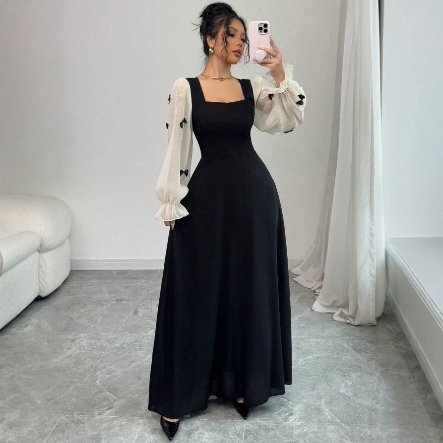 European and american cross-border  french color block bowknot fairy maxi dress - solid black body with high-waisted paneling