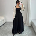 European and american cross-border  french color block bowknot fairy maxi dress - solid black body with high-waisted paneling