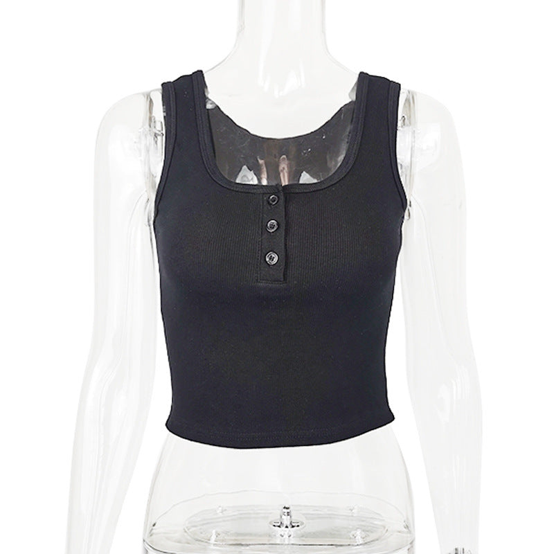 2025 autumn European and American new  women's clothing, sexy slim-fitting open-button pure cotton threaded button sling small vest