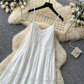 French riviera style white cutout embroidered cami dress - women's summer korean style slimming backless flowy maxi dress