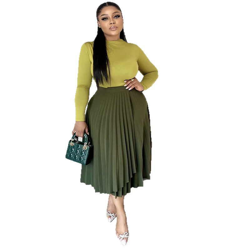 European and American  women's clothing 2025 autumn new fashionable and elegant solid color turtleneck slim-fitting splicing pleated dress