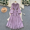 Autumn women's new dress : court-style lace patchwork, tie-waist, rhinestone embellished, flared french maxi dress