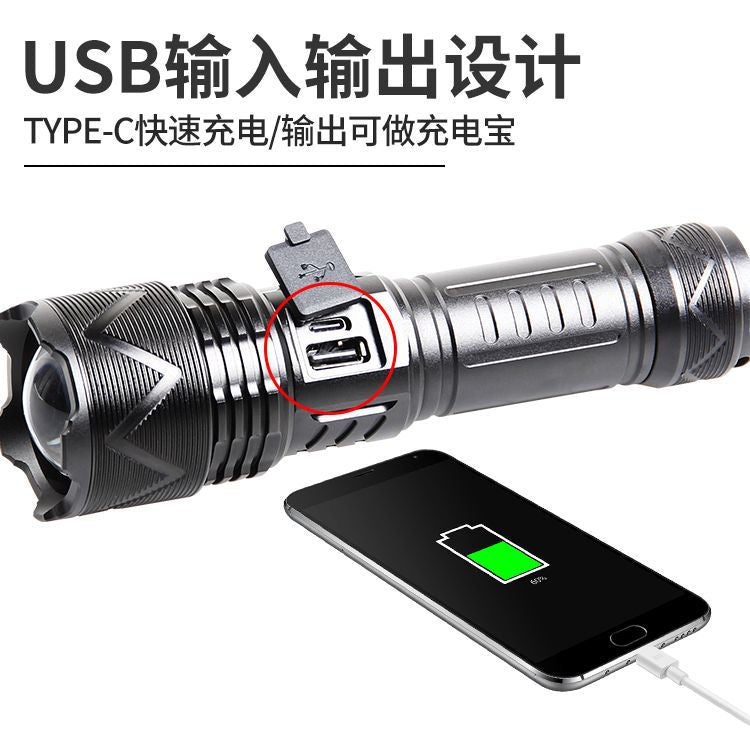 Cross-border new XHP-70 strong light telescopic long-range type-c charging LED white laser outdoor wholesale flashlight