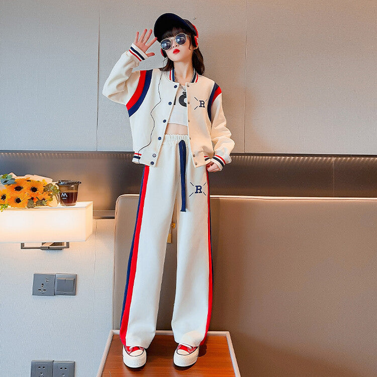 Girls' fall outfit set : stylish korean-inspired casual two-piece set for mid-to-large children - cardigan and sportswear