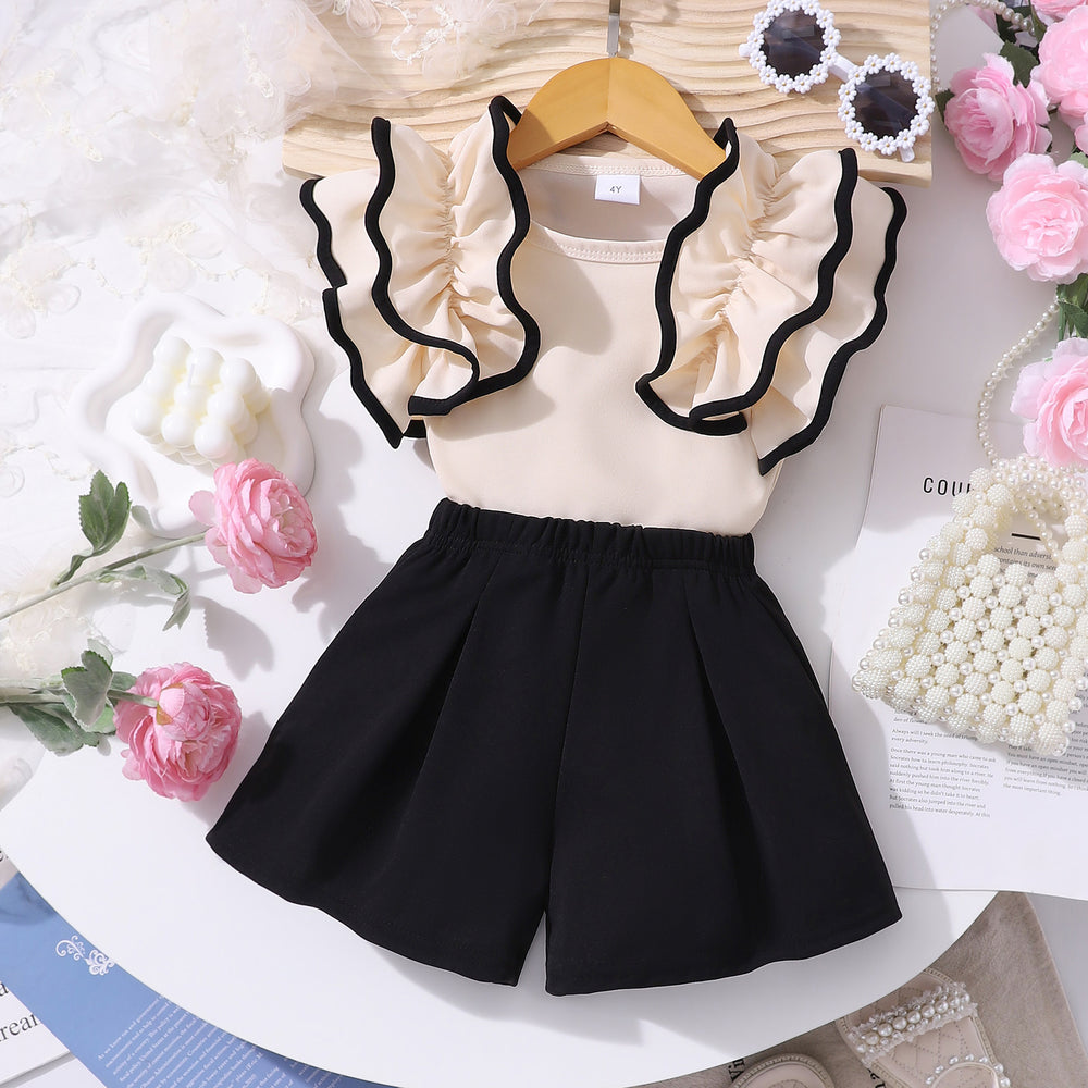 Girls' two-piece outfit: ruffle-trimmed top + solid color shorts set