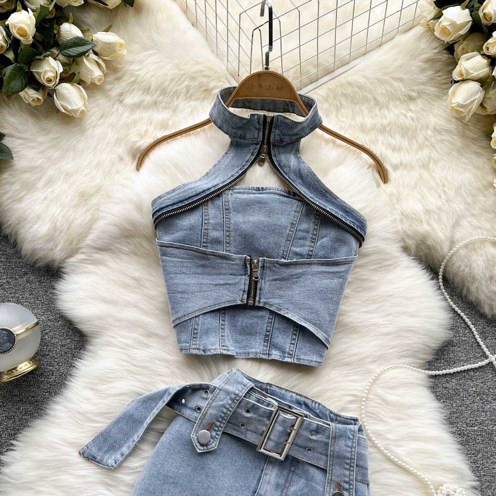 Street style hot girl denim set - women's new summer retro hong kong style halter crop top & mini skirt two-piece outfit