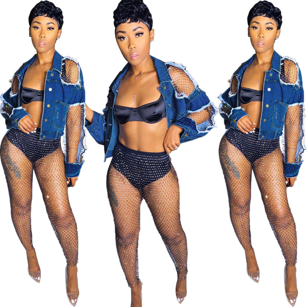 S390180 Cross-border denim jacket women's clothing, solid color ripped shoulder short denim jacket European and American
