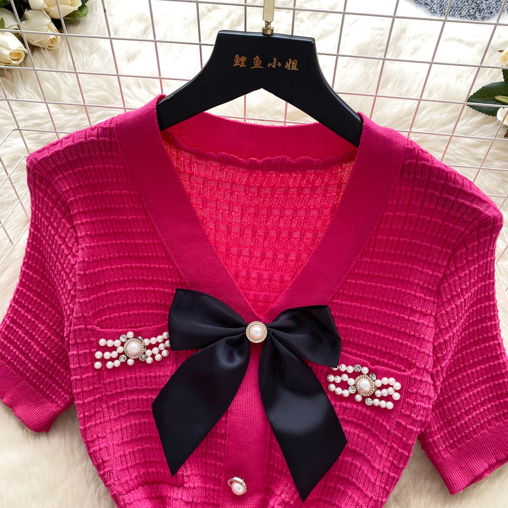Korean style socialite v-neck knitted dress - women's summer bowknot rhinestone embellished slimming design - stunning elegant long dress