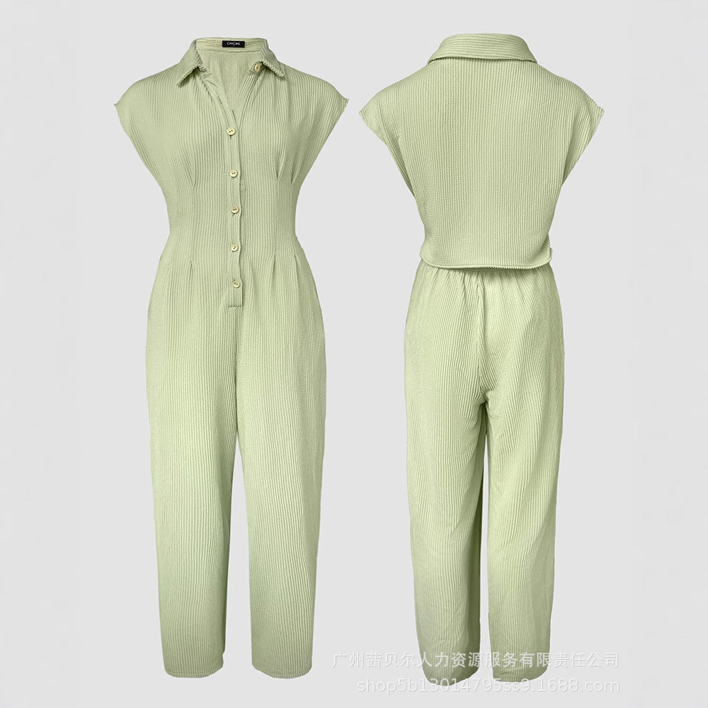 ODL2369 's new European and American pleated two-color crimped ribbed button jumpsuit