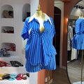 European and american cross-border women's fashion  autumn new casual blue striped turn-down collar button-down shirt and wide-leg shorts set