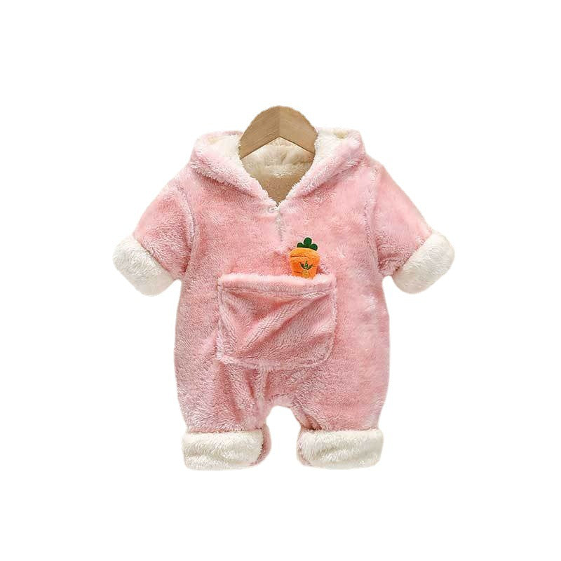 Autumn winter baby super cute k-stylefleece-lined hooded outing clothes newborn style flannel home crawling clothes