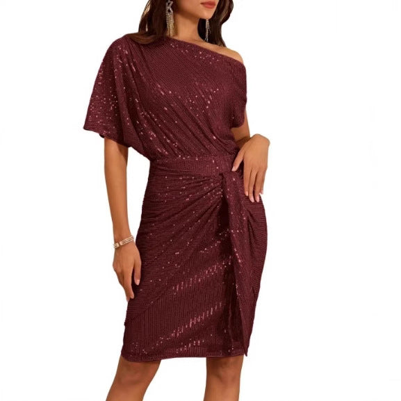 european and american cross-border women's beaded and sequined party club one-shoulder ruched evening gown fashion dress