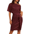 european and american cross-border women's beaded and sequined party club one-shoulder ruched evening gown fashion dress