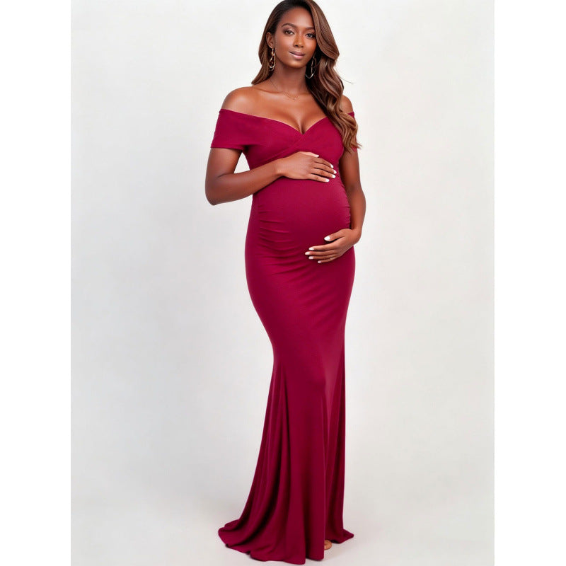 Women's burgundy off-the-shoulder maternity mermaid maxi dress: elegant and comfortable evening gown for pregnancy