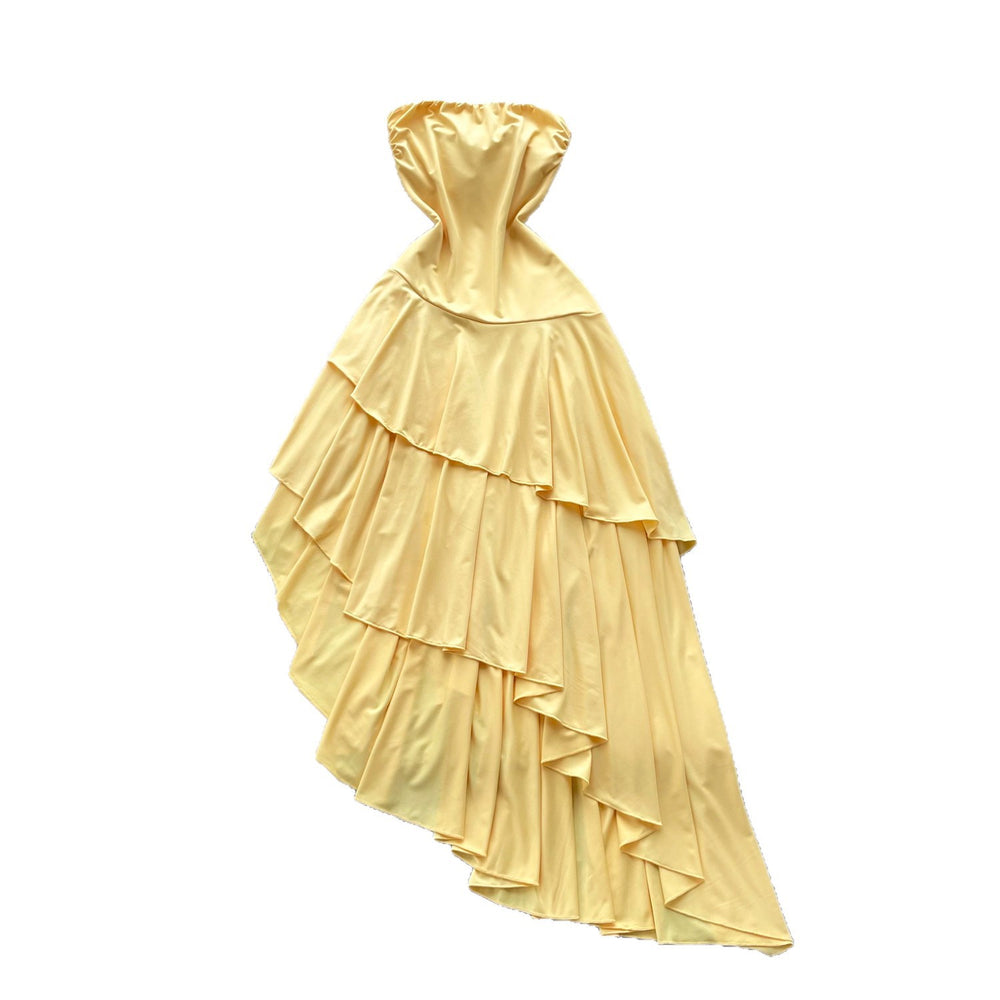 French riviera style bandeau ruffle asymmetrical dress - women's summer yellow slimming elegant maxi dress