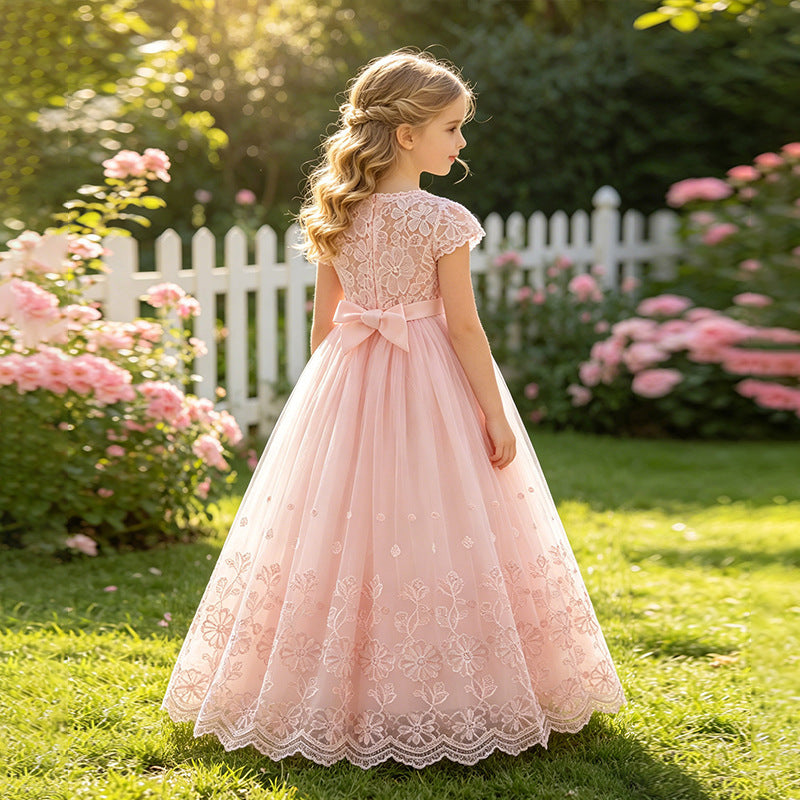 Amazon kids lace patchwork dress flower girl wedding dress short sleeve girls princess dress cross-border ready stock wholesale