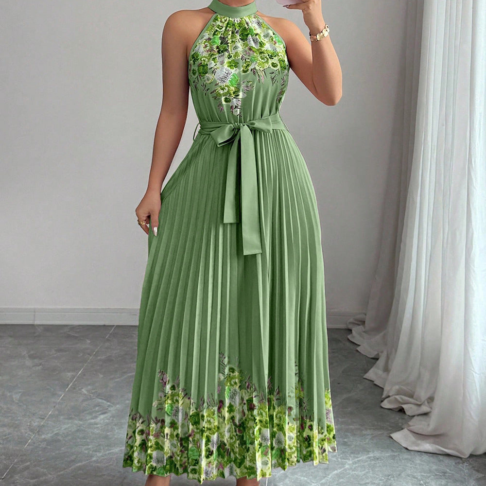 European and american cross-border women's summer  elegant halter neck tie waist floral print pleated maxi swing dress