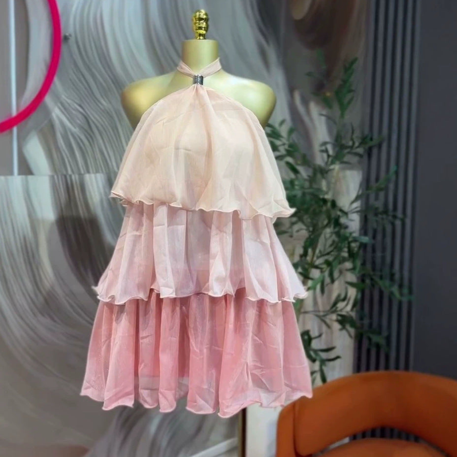 European and american cross-border women's fashion:  summer new arrival - sweet and cute halter neck ruffle sleeveless mini cake dress