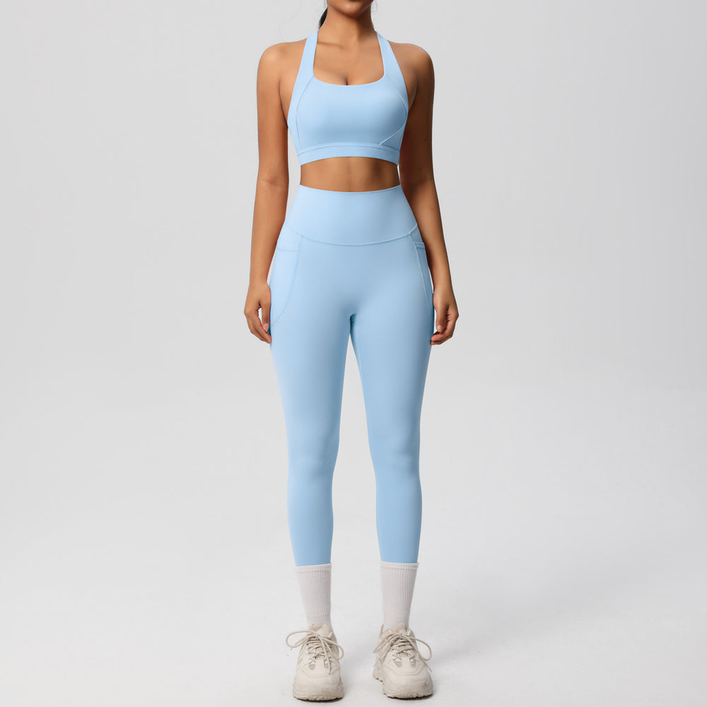 European and american cross-border yoga double-sided brushed tank top & shockproof pocket pants pilates running fitness yoga outfit two-piece set