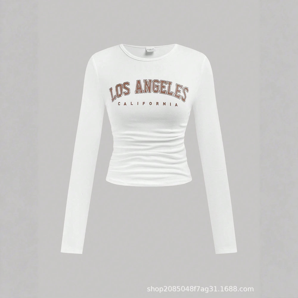 American retro letter print long sleeve t-shirt - women's cinched waist cropped bodycon top
