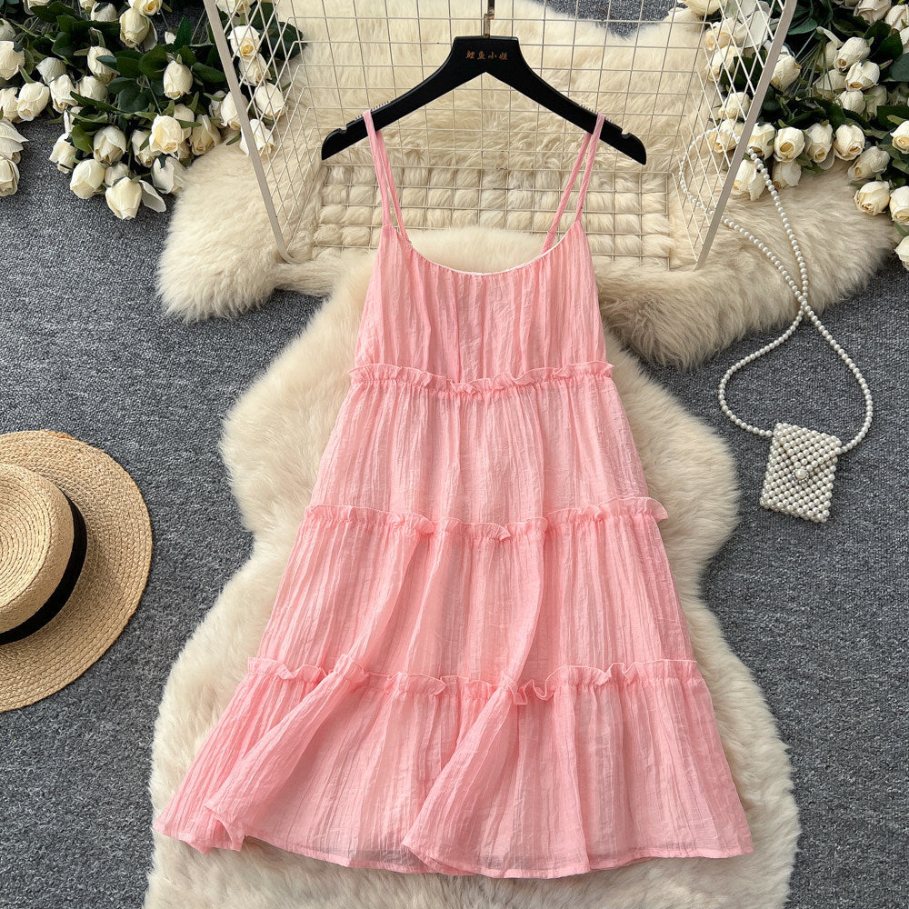 Dopamine yellow ruffle trim cami dress - women's summer korean style cake dress - vacation look, slimming, petite friendly