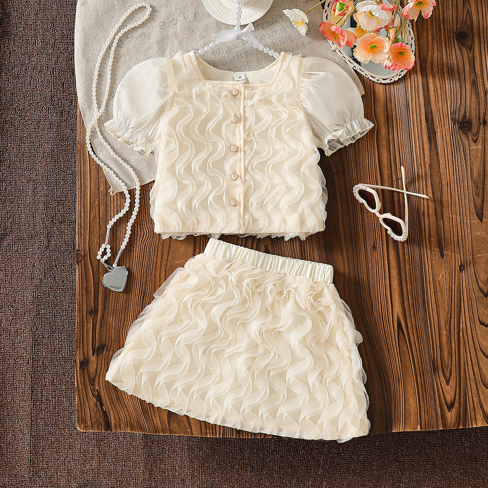 summer cross-border e-commerce 3d mesh wave patchwork top and skirt two-piece set
