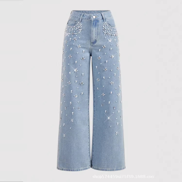 new arrivals: , tiktok, pinduoduo, cross-border e-commerce, european & american style, washed denim, beaded women's trousers