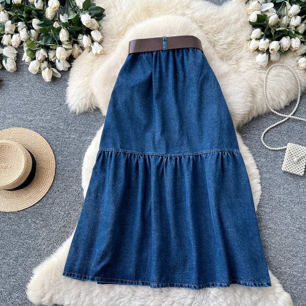 K-style single-breasted denim slit skirt women's summerhigh waista-line skirt medium long patchworkslimming lookwork clothing skirt
