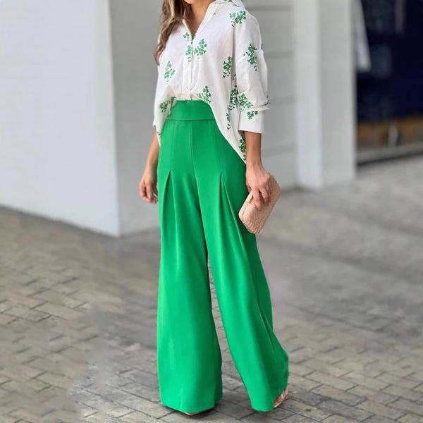 New product European and American   women's clothing temperament loose printing shirt high waist wide leg pants set European and American style