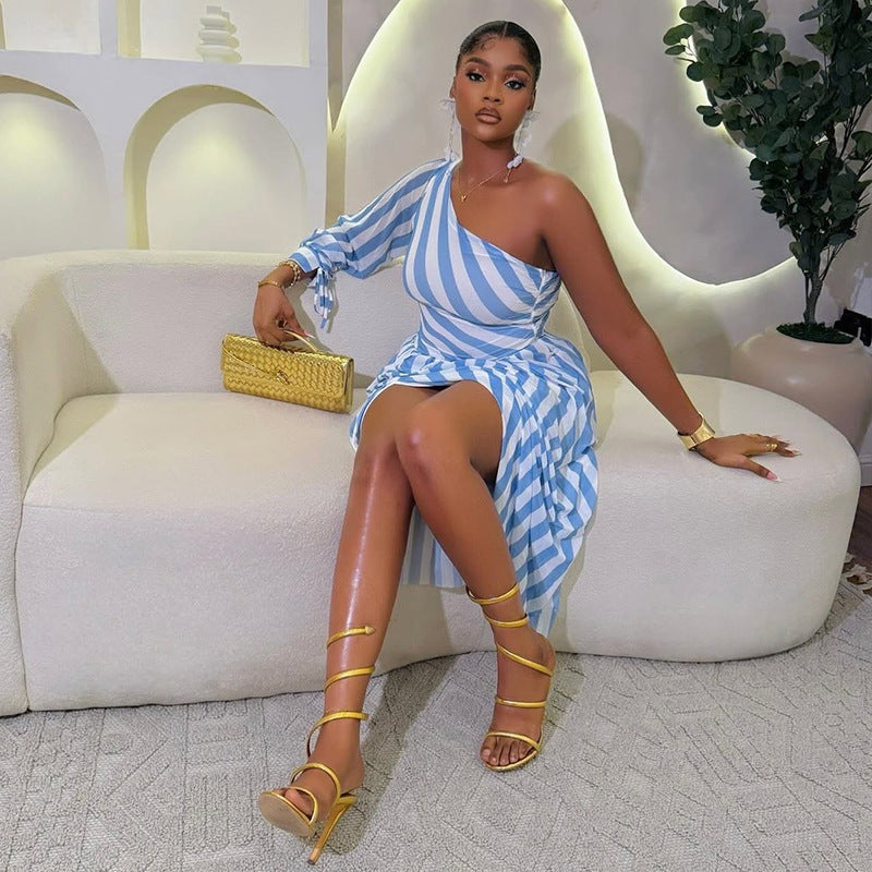 Fashion styleexportprinting women's slit stripes waist asymmetrical skirt one-shoulder slanted collar long sleevescasualdress