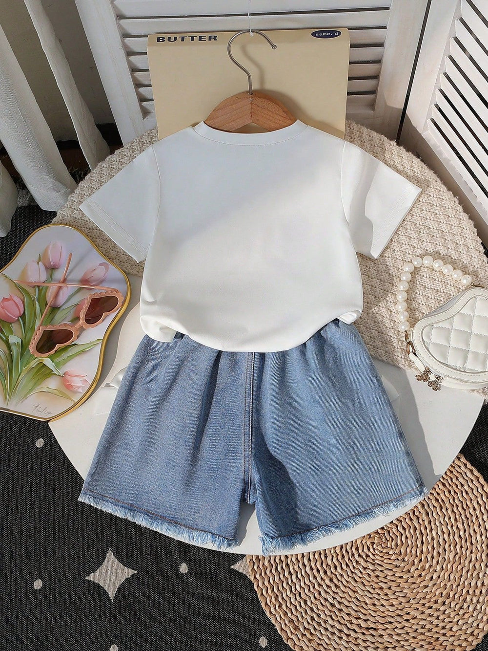 New arrival cross-border girl round neck printingknittingtops denim beads bowsjeanssuittwo-piece set