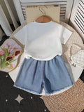 New arrival cross-border girl round neck printingknittingtops denim beads bowsjeanssuittwo-piece set