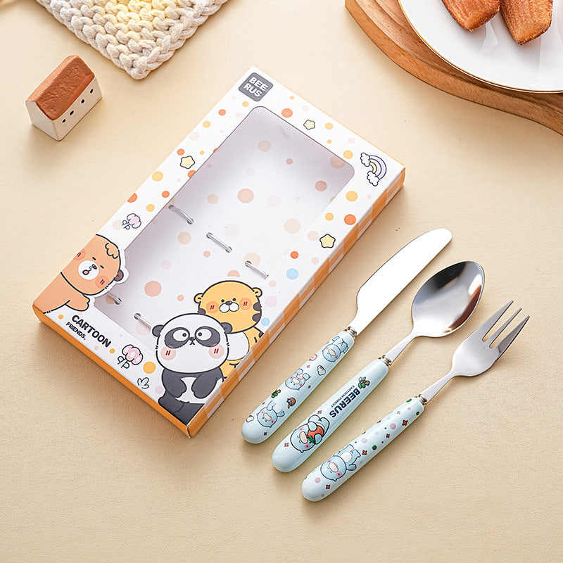 Color boxed portable spoon, cute fork for elementary school students, 304 stainless steel cutlery three-piece set, diy combinable, ready stock