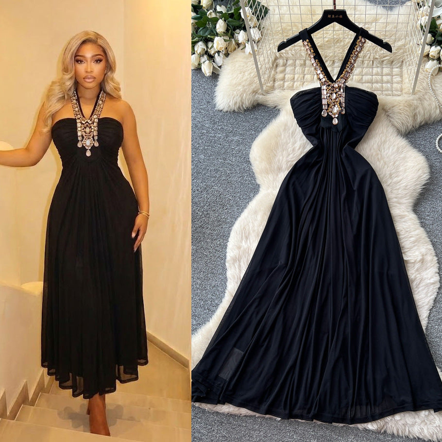Accessible luxury diamond halter pure desire style dress women's summer black v neck waist slimming look large swing long skirt vacation style