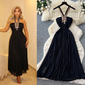 Accessible luxury diamond halter pure desire style dress women's summer black v neck waist slimming look large swing long skirt vacation style
