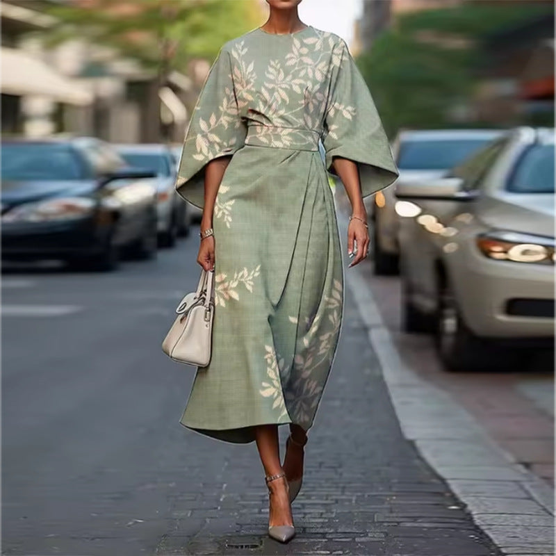 summer new arrivals: european and american style women's fashion - elegant printed midi dress with three-quarter sleeves