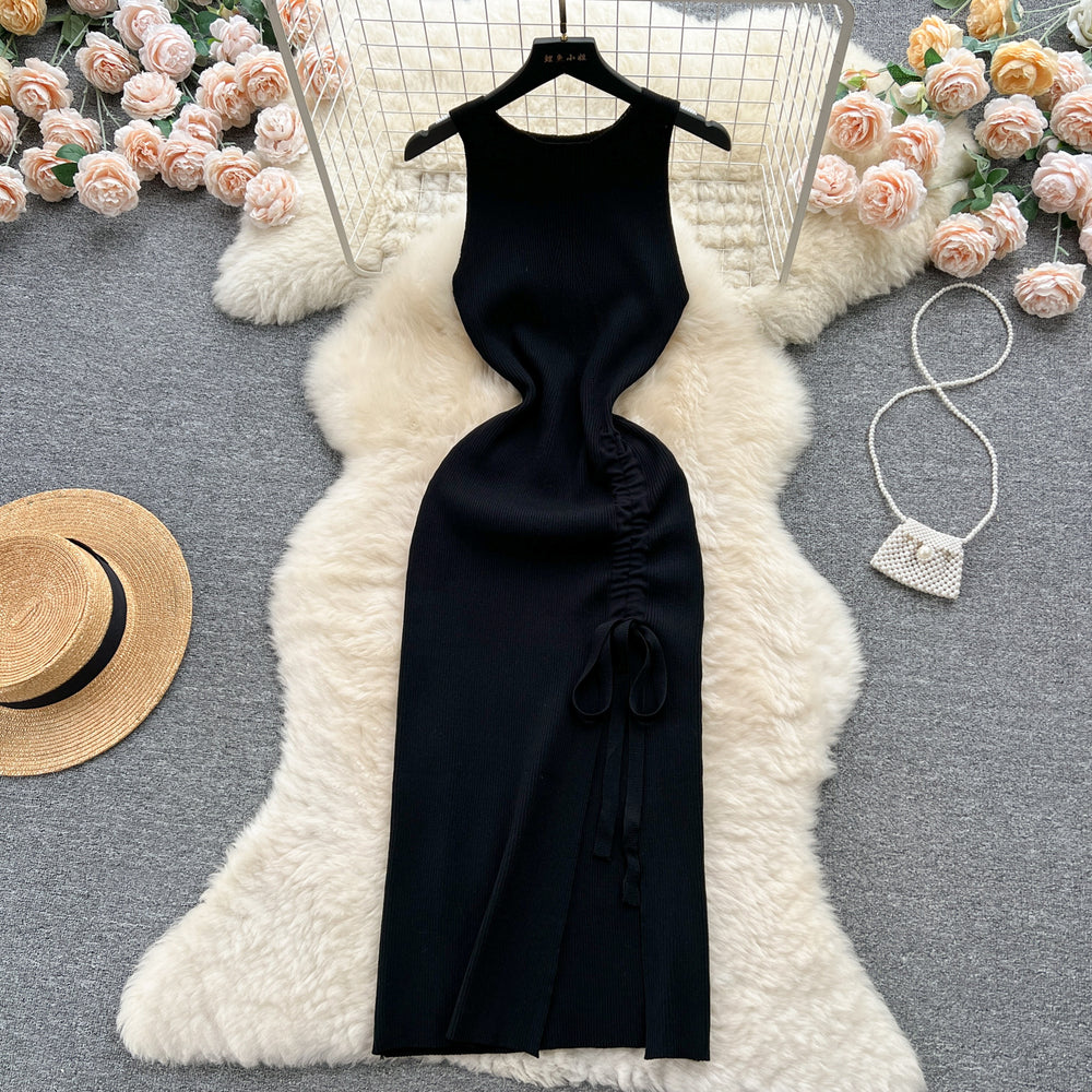 Sleeveless round neck knitting vest dress women's summernew arrival silmslimming lookelegant drawstring slit hip-hugging dress trendy