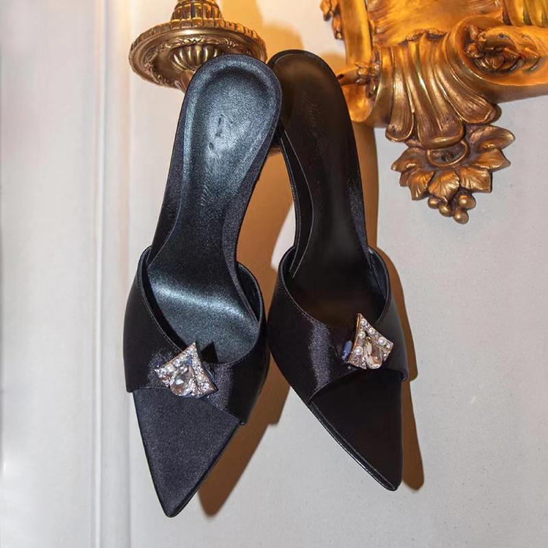 35-42 plus size pointed toe high-heeled sandals for women 2024 summer new arrival silks and satins rhinestone fairy style stiletto heel
