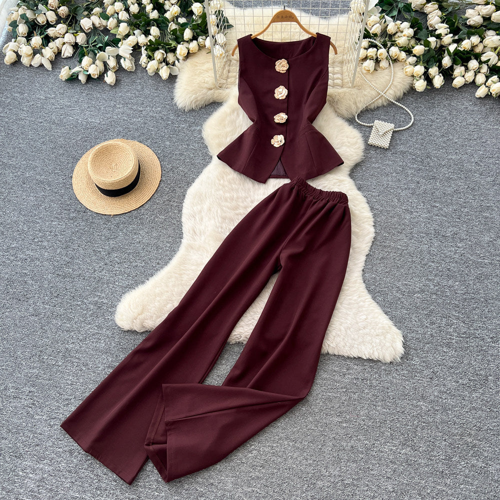 European and american cross-border fashion design: 3d floral patchwork tank top + high-waisted slimming wide-leg pants spring/summer set