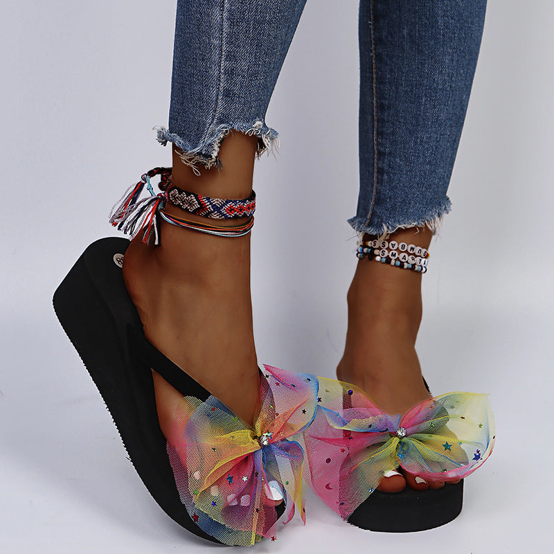 plus size wedge slippers for women 2025new arrivalexport herringbone sandals and slippers rhinestone bows seaside beach slippers
